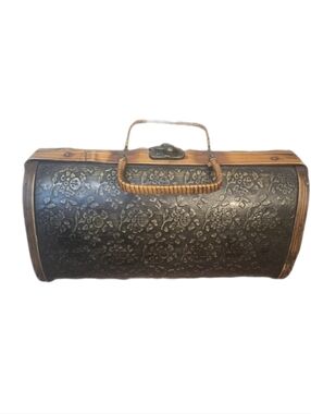 1950s/60s Vintage Embossed Floral Barrel Handbag in Dark Brown and Tan